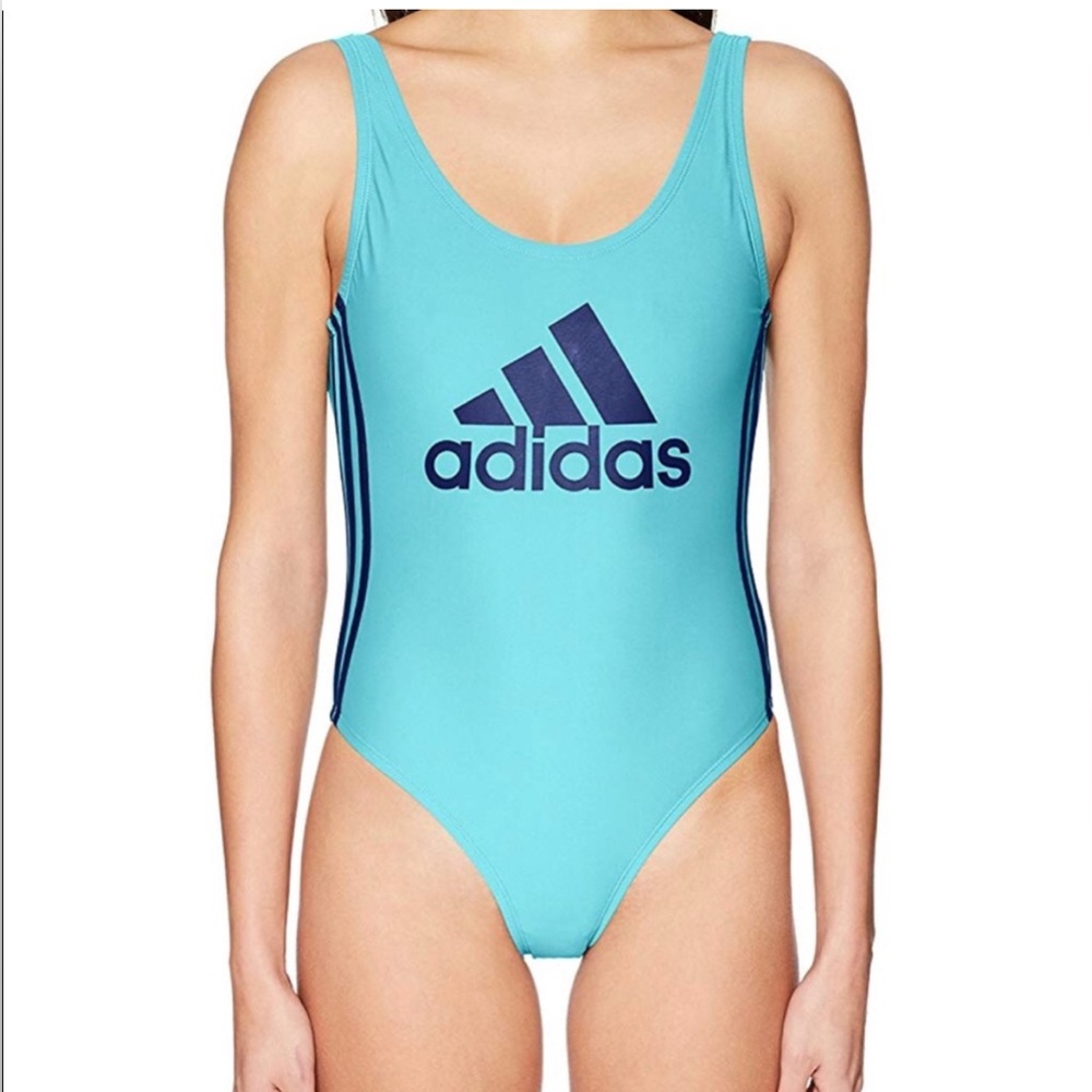 Adidas Royal blue and turquoise logo one pc low back Swimsuit sz small - Picture 3 of 10